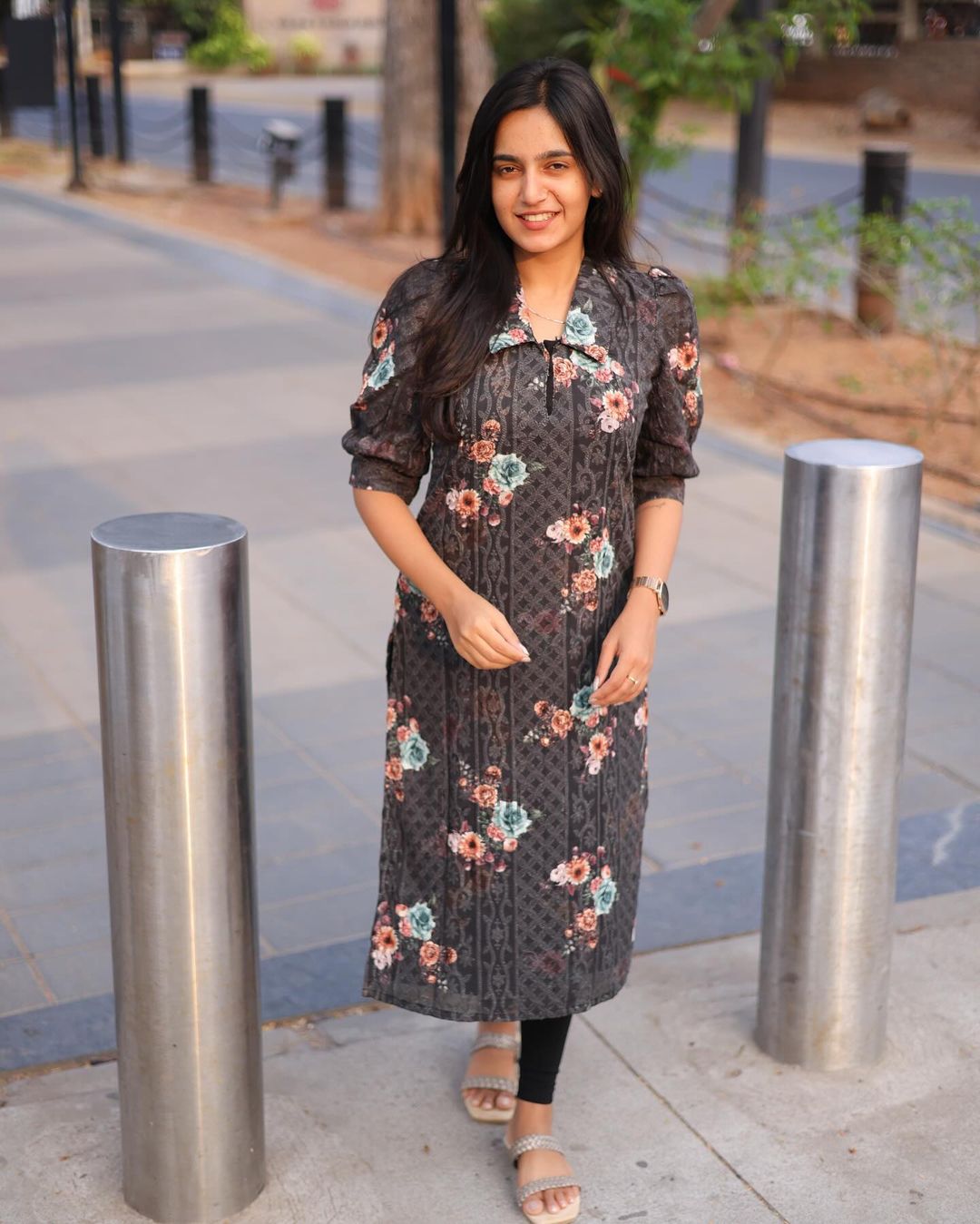 Black floral Georgette top with puff sleeve - Studio Thari